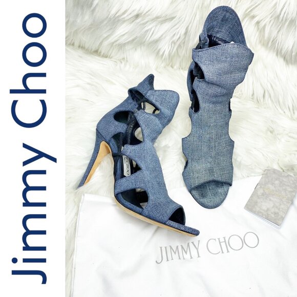 JIMMY CHOO BLUE DENIM LUCKY PEEP TOE HEELS CUT OUT DETAIL, EU 37 - Picture 1 of 12